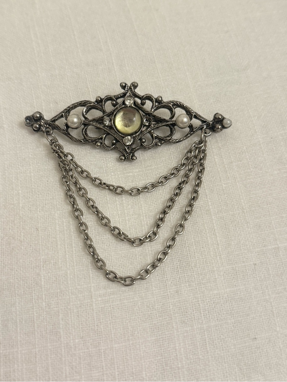 Vtg 1980s Victorian Revival Silver Filigree Brooch Pin Triple Swag Dangle Chain - Picture 2 of 10